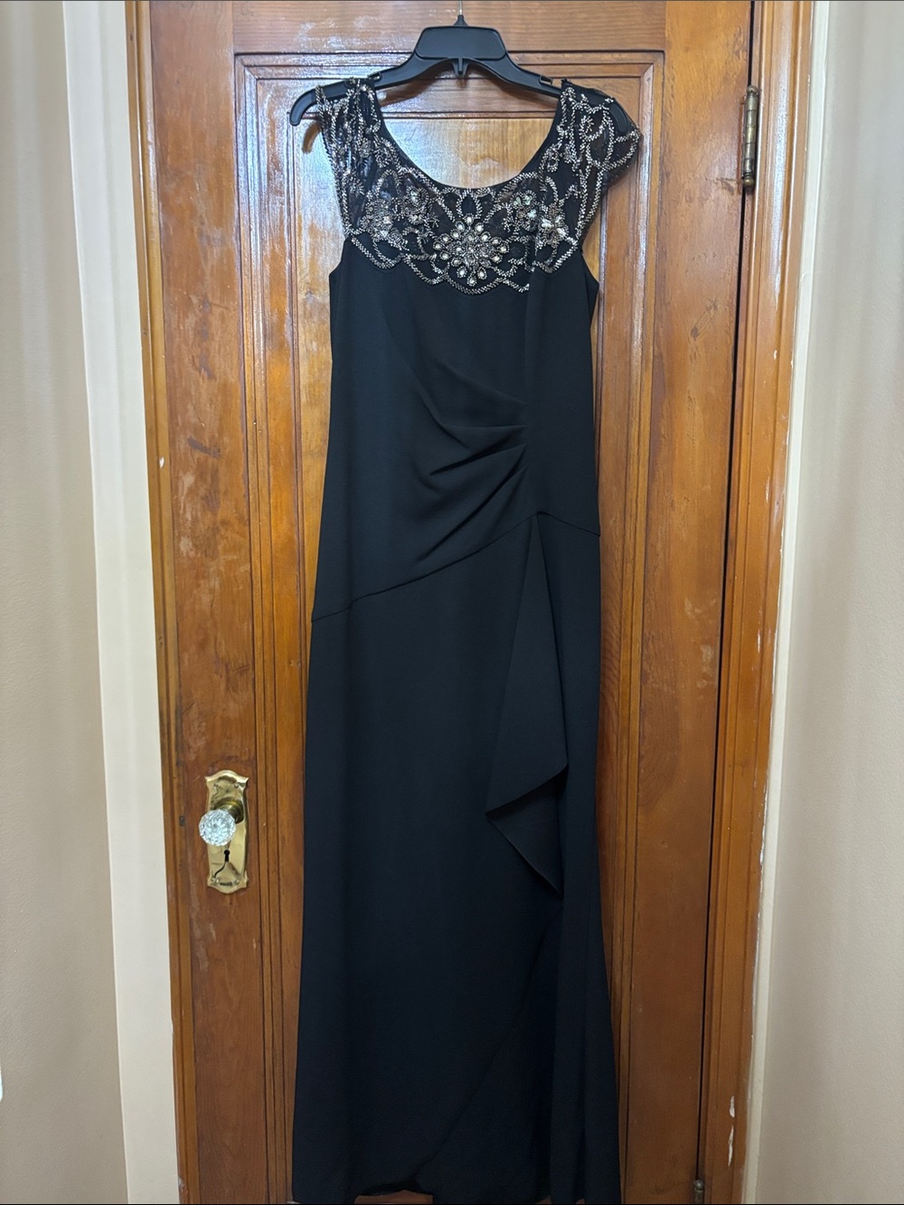 Xscape Black Maxi Dress with Beaded Illusion Yoke